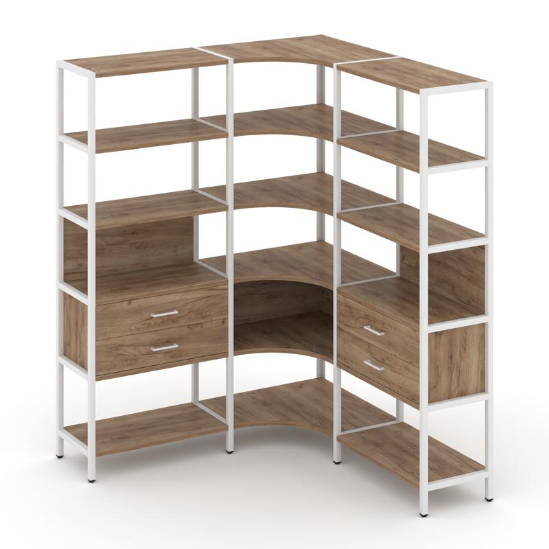 Shelf System Трехсекционный угловой стеллаж пятиярусный с ящиками SN.STMU-531 Дуб Табак/Металл Белый
