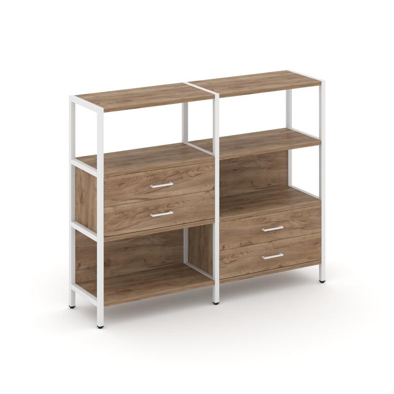 Shelf System Двухсекционный стеллаж трехярусный с ящиками SN.STM-323 Дуб Табак/Металл Белый 1590*400