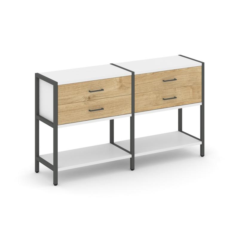 Shelf System Двухсекционный стеллаж двухярусный с ящиками SN.STM-222 Белый/Тиквуд Светлый/Металл Ант