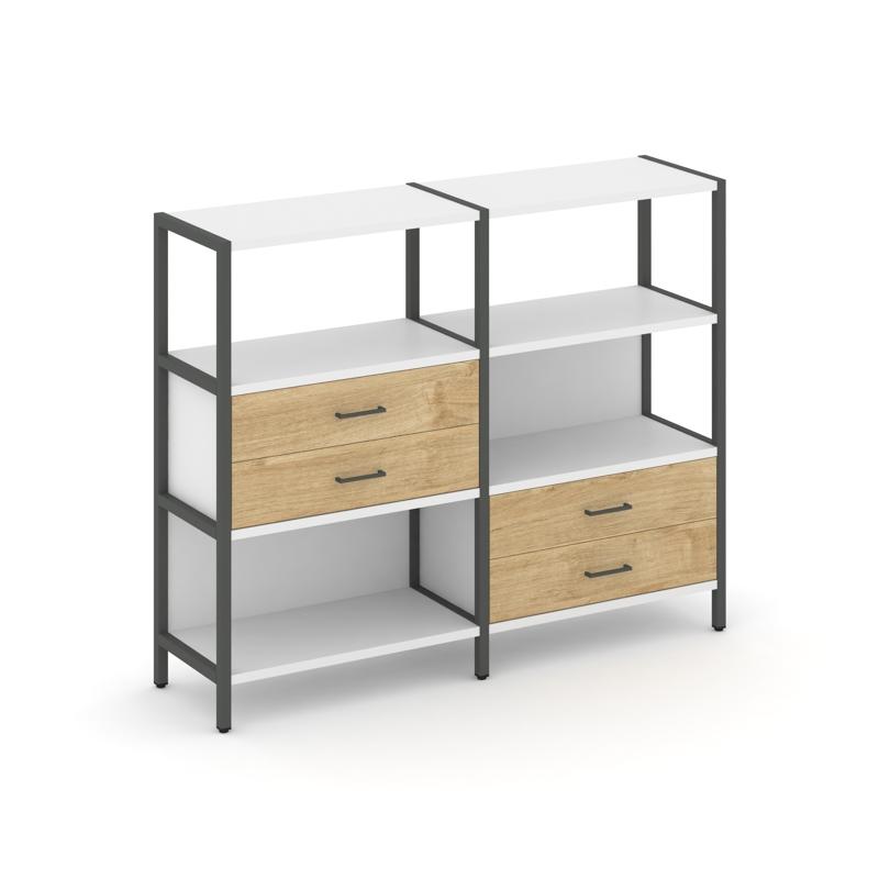 Shelf System Двухсекционный стеллаж трехярусный с ящиками SN.STM-323 Белый/Тиквуд Светлый/Металл Ант