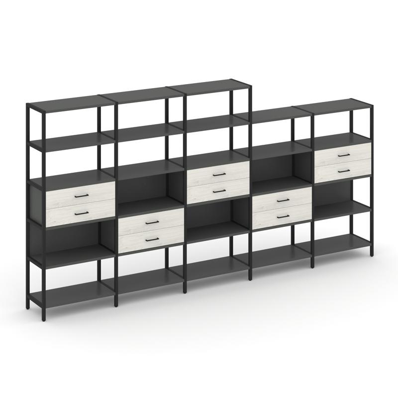 Shelf System Пятисекционный стеллаж пятиярусный с ящиками SN.STM-551 Антрацит/Дуб Наварра/Металл Чер
