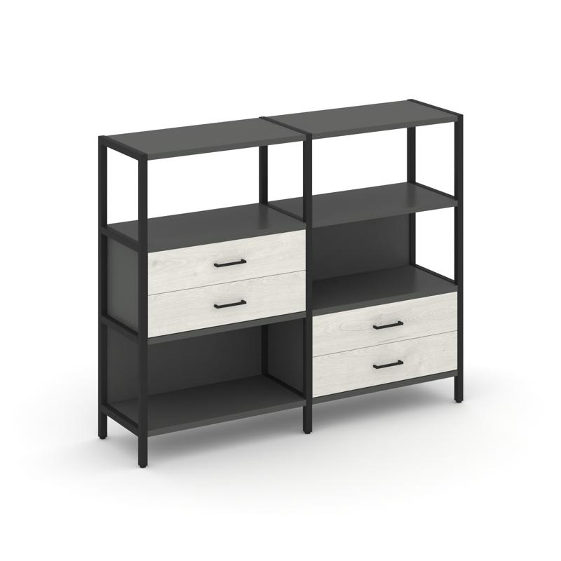 Shelf System Двухсекционный стеллаж трехярусный с ящиками SN.STM-323 Антрацит/Дуб Наварра/Металл Чер