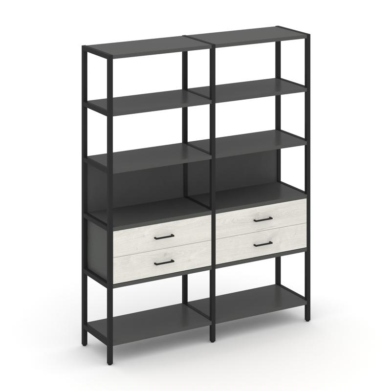 Shelf System Двухсекционный стеллаж пятиярусный с ящиками SN.STM-522 Антрацит/Дуб Наварра/Металл Чер