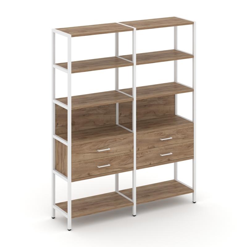 Shelf System Двухсекционный стеллаж пятиярусный с ящиками SN.STM-522 Дуб Табак/Металл Белый 1590*400