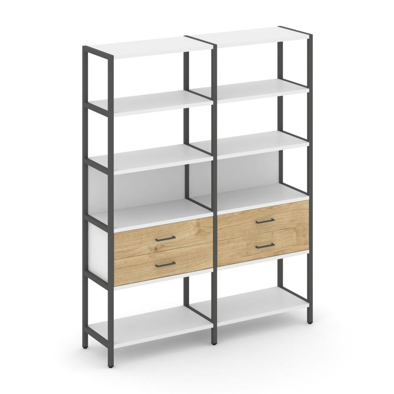 Shelf System Двухсекционный стеллаж пятиярусный с ящиками SN.STM-522 Белый/Тиквуд Светлый/Металл Ант