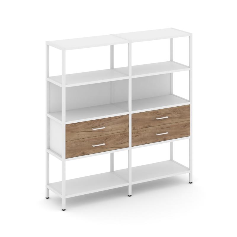 Shelf System Двухсекционный стеллаж четырехярусный с ящиками SN.STM-422 Белый/Дуб Табак/Металл Белый