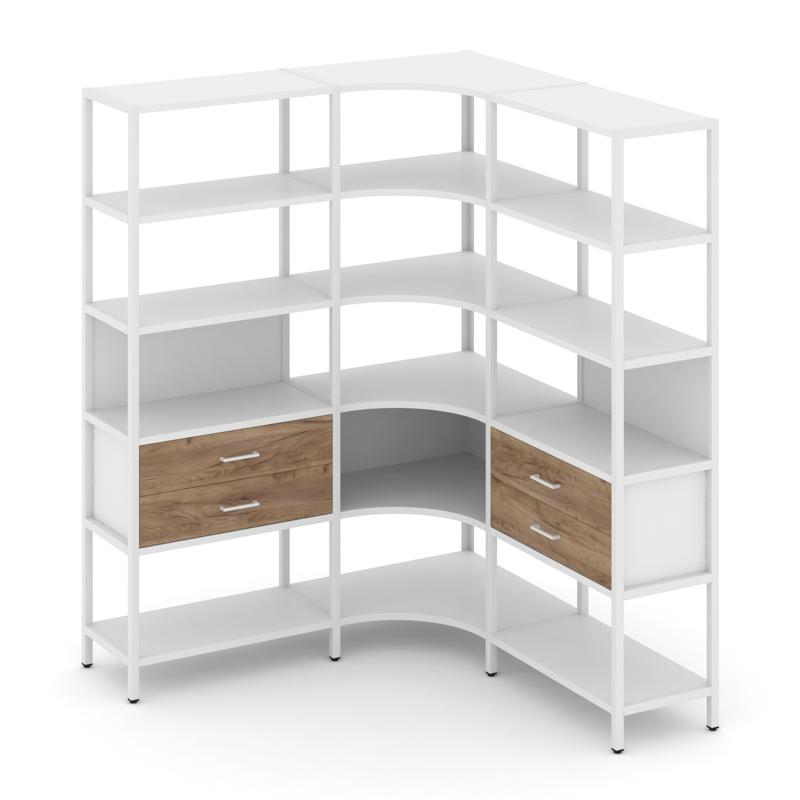 Shelf System Трехсекционный угловой стеллаж пятиярусный с ящиками SN.STMU-531 Белый/Дуб Табак/Металл