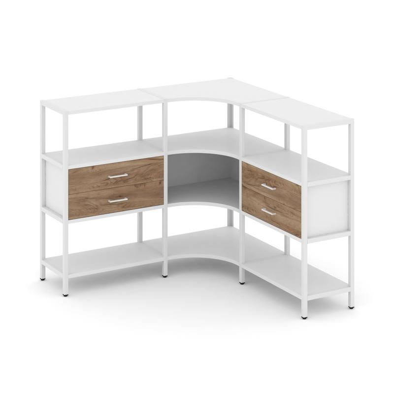 Shelf System Трехсекционный угловой стеллаж трехярусный с ящиками SN.STMU-331 Белый/Дуб Табак/Металл