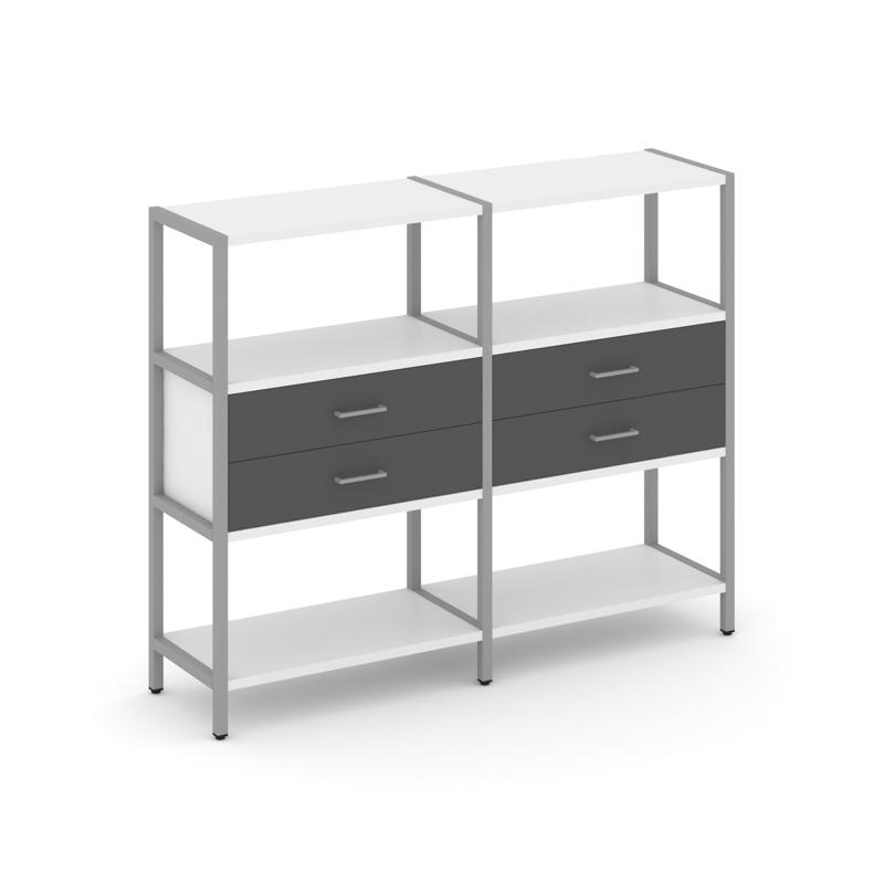 Shelf System Двухсекционный стеллаж трехярусный с ящиками SN.STM-322 Белый/Антрацит/Металл Серый 159