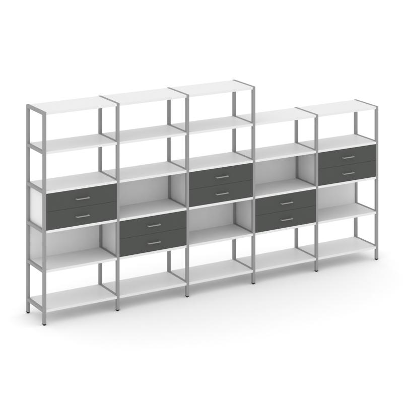 Shelf System Пятисекционный стеллаж пятиярусный с ящиками SN.STM-551 Белый/Антрацит/Металл Серый 393