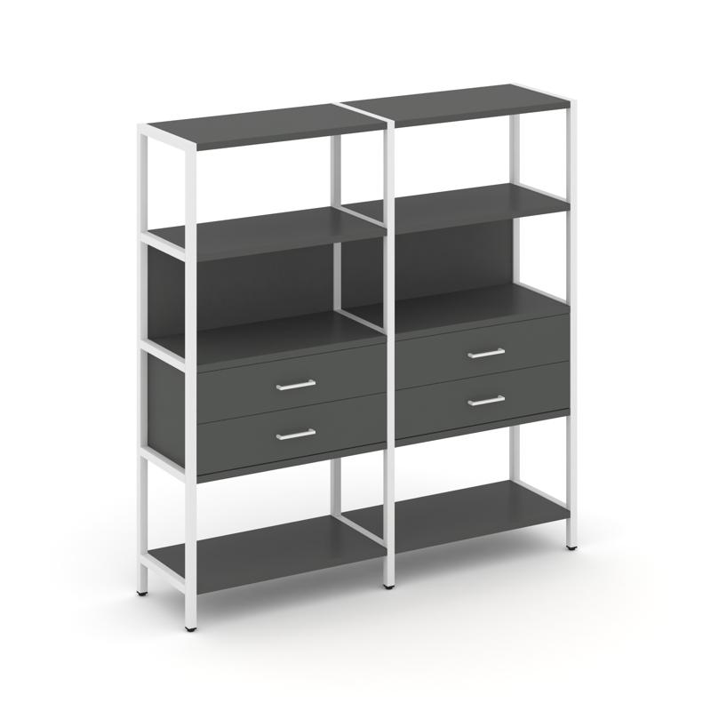 Shelf System Двухсекционный стеллаж четырехярусный с ящиками SN.STM-422 Антрацит/Металл Белый 1590*4