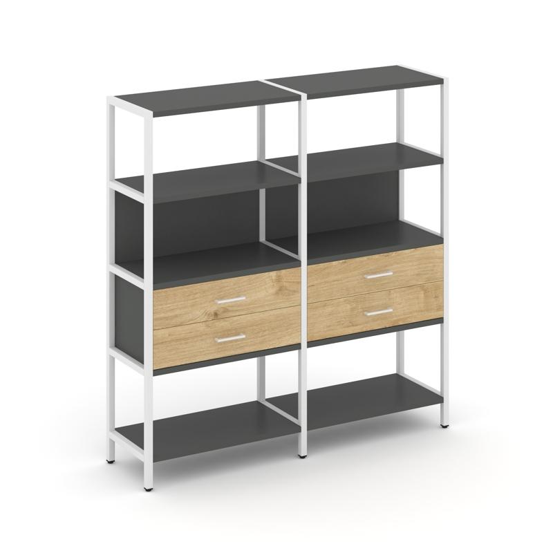 Shelf System Двухсекционный стеллаж четырехярусный с ящиками SN.STM-422 Антрацит/Тиквуд Светлый/Мета