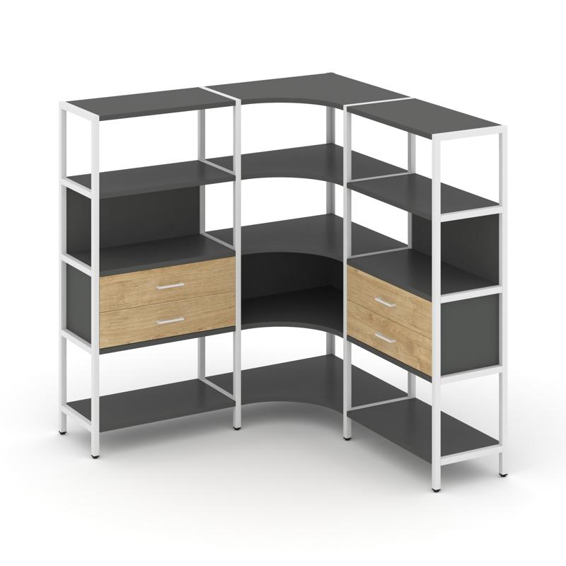 Shelf System Трехсекционный угловой стеллаж четырехярусный с ящиками SN.STMU-431 Антрацит/Тиквуд Све