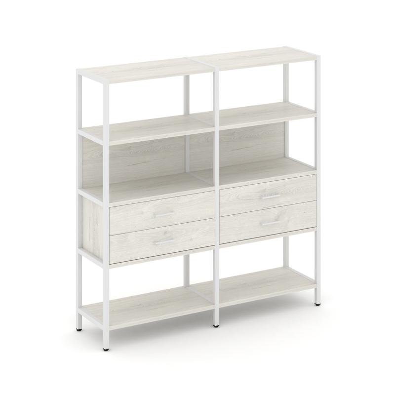 Shelf System Двухсекционный стеллаж четырехярусный с ящиками SN.STM-422 Дуб Наварра/Металл Белый 159