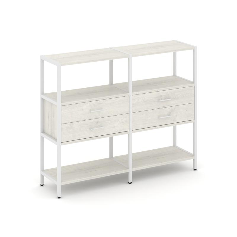 Shelf System Двухсекционный стеллаж трехярусный с ящиками SN.STM-322 Дуб Наварра/Металл Белый 1590*4