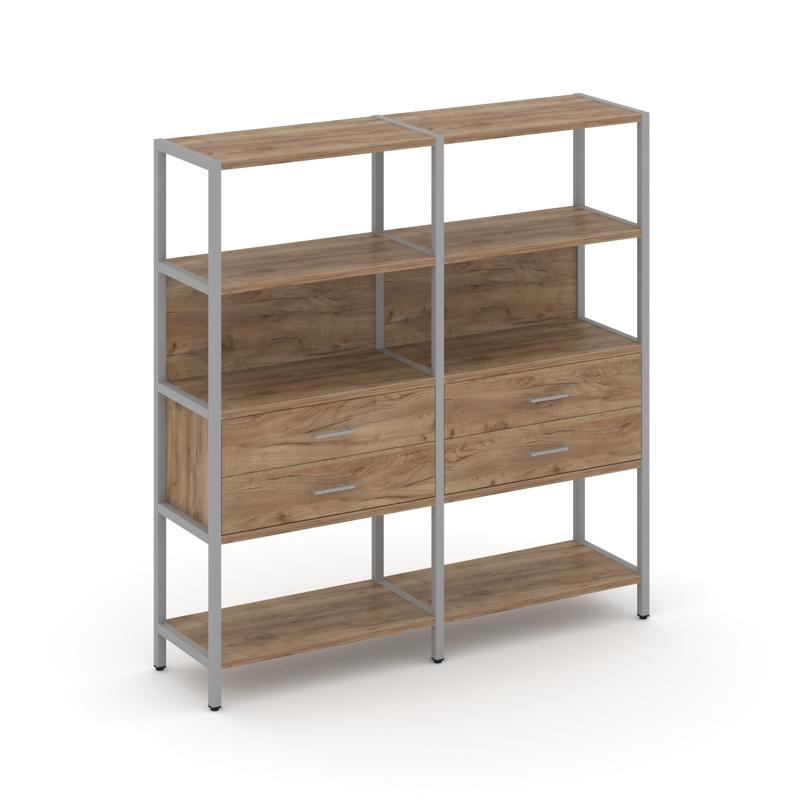Shelf System Двухсекционный стеллаж четырехярусный с ящиками SN.STM-422 Дуб Табак/Металл Серый 1590*