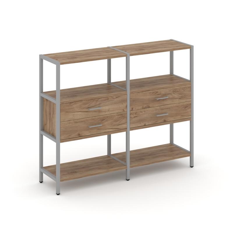 Shelf System Двухсекционный стеллаж трехярусный с ящиками SN.STM-322 Дуб Табак/Металл Серый 1590*400