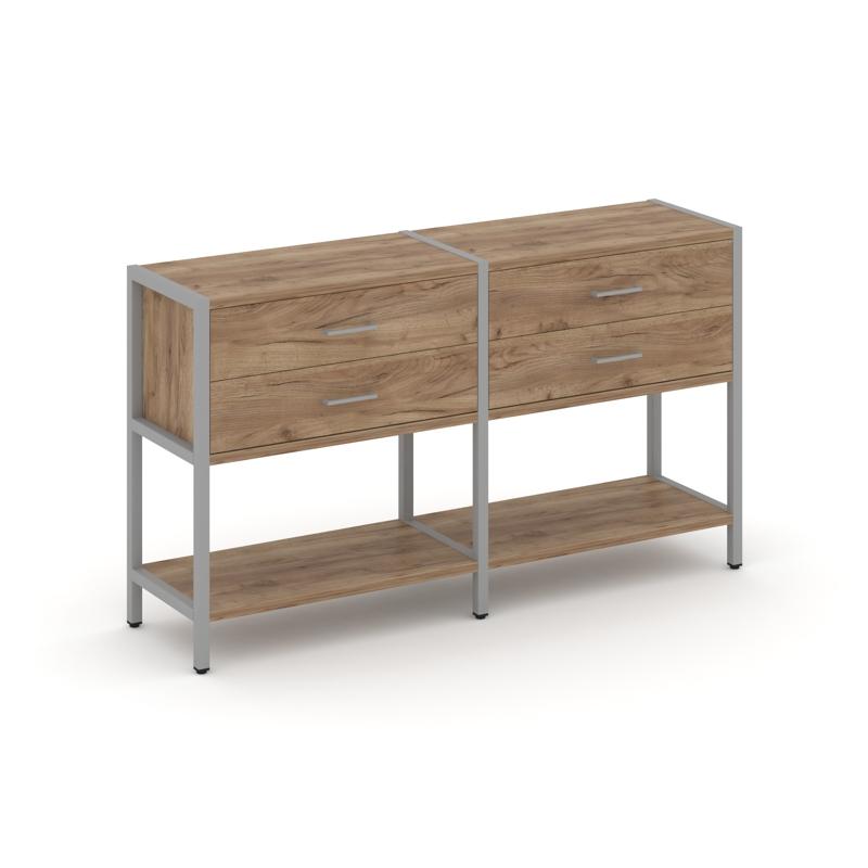 Shelf System Двухсекционный стеллаж двухярусный с ящиками SN.STM-222 Дуб Табак/Металл Серый 1590*400