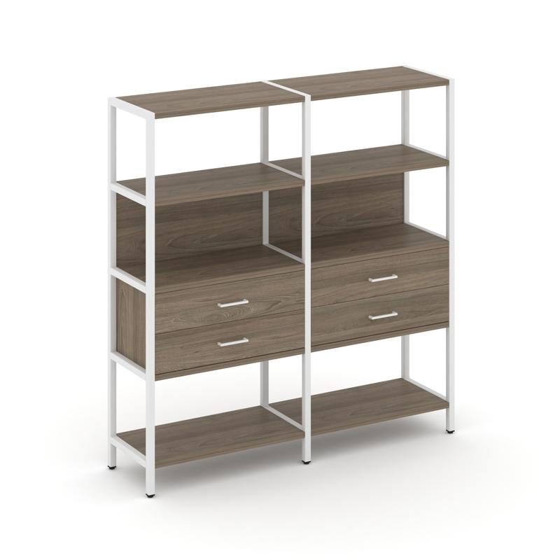 Shelf System Двухсекционный стеллаж четырехярусный с ящиками SN.STM-422 Вяз Благородный/Металл Белый