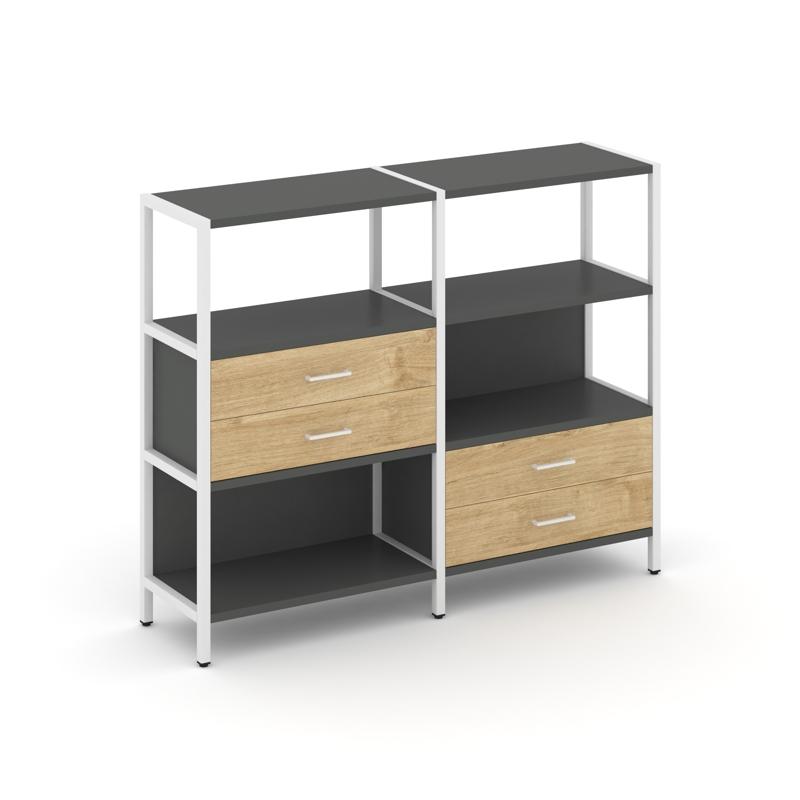 Shelf System Двухсекционный стеллаж трехярусный с ящиками SN.STM-323 Антрацит/Тиквуд Светлый/Металл