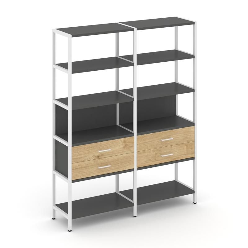 Shelf System Двухсекционный стеллаж пятиярусный с ящиками SN.STM-522 Антрацит/Тиквуд Светлый/Металл