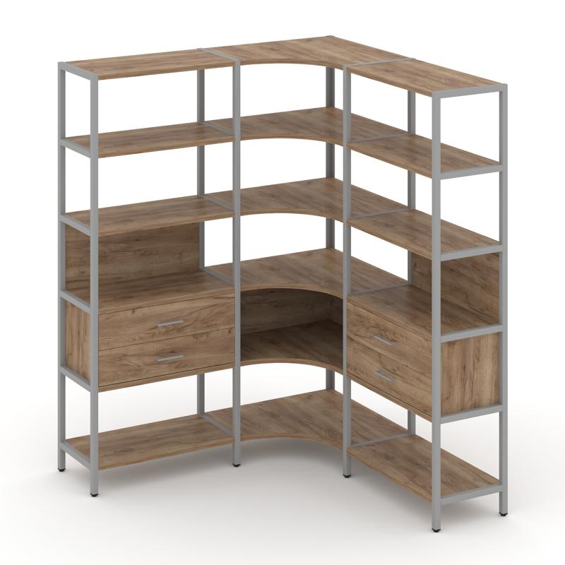 Shelf System Трехсекционный угловой стеллаж пятиярусный с ящиками SN.STMU-531 Дуб Табак/Металл Серый