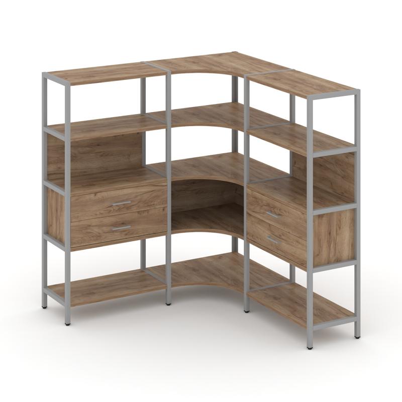 Shelf System Трехсекционный угловой стеллаж четырехярусный с ящиками SN.STMU-431 Дуб Табак/Металл Се