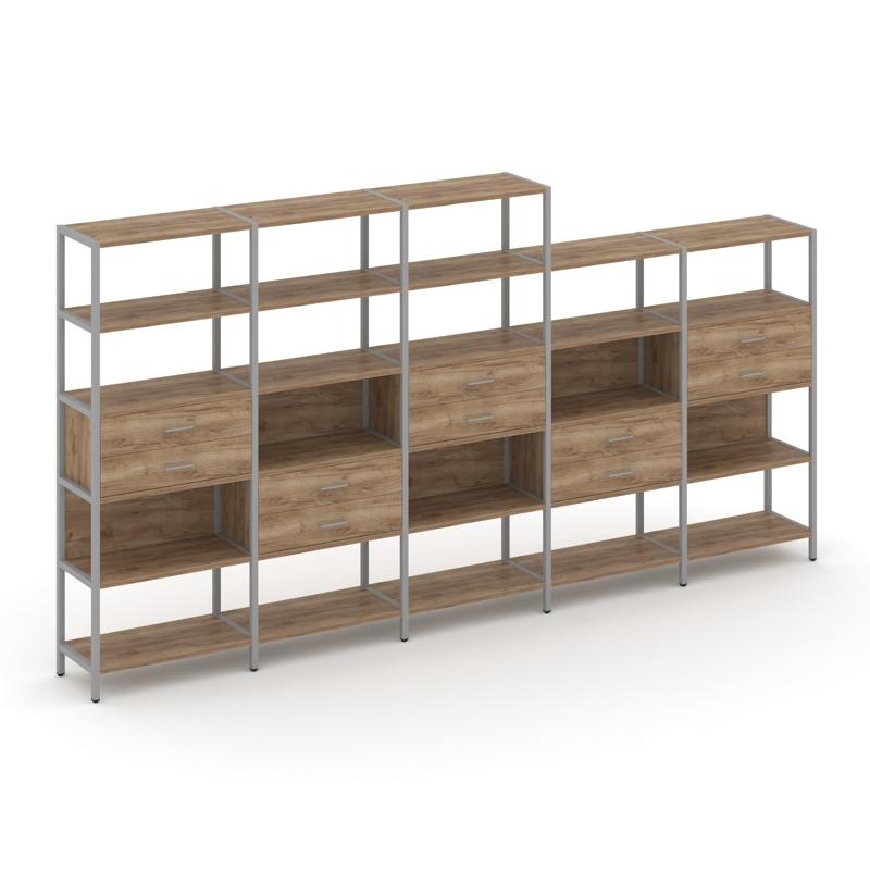 Shelf System Пятисекционный стеллаж пятиярусный с ящиками SN.STM-551 Дуб Табак/Металл Серый 3930*400