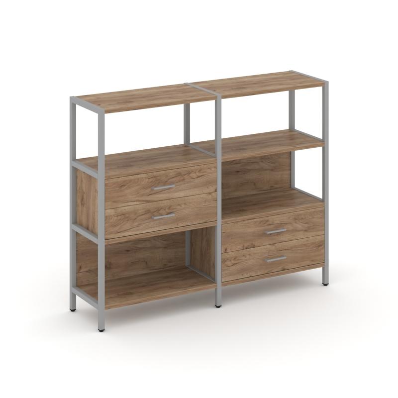 Shelf System Двухсекционный стеллаж трехярусный с ящиками SN.STM-323 Дуб Табак/Металл Серый 1590*400
