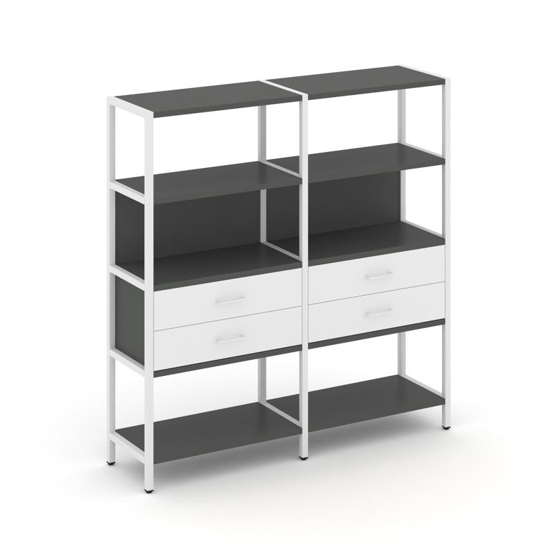 Shelf System Двухсекционный стеллаж четырехярусный с ящиками SN.STM-422 Антрацит/Белый/Металл Белый