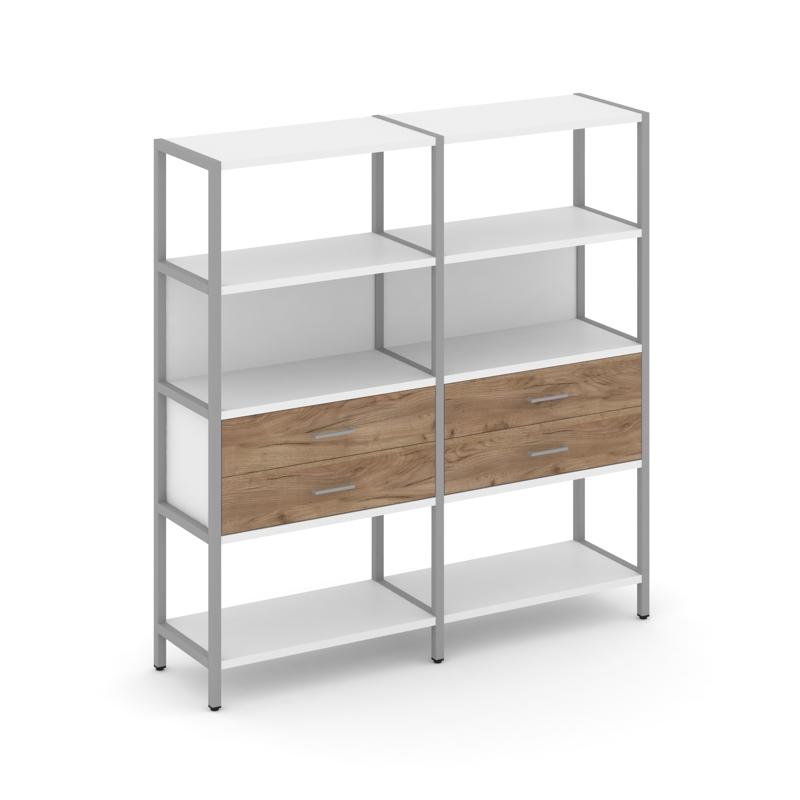 Shelf System Двухсекционный стеллаж четырехярусный с ящиками SN.STM-422 Белый/Дуб Табак/Металл Серый