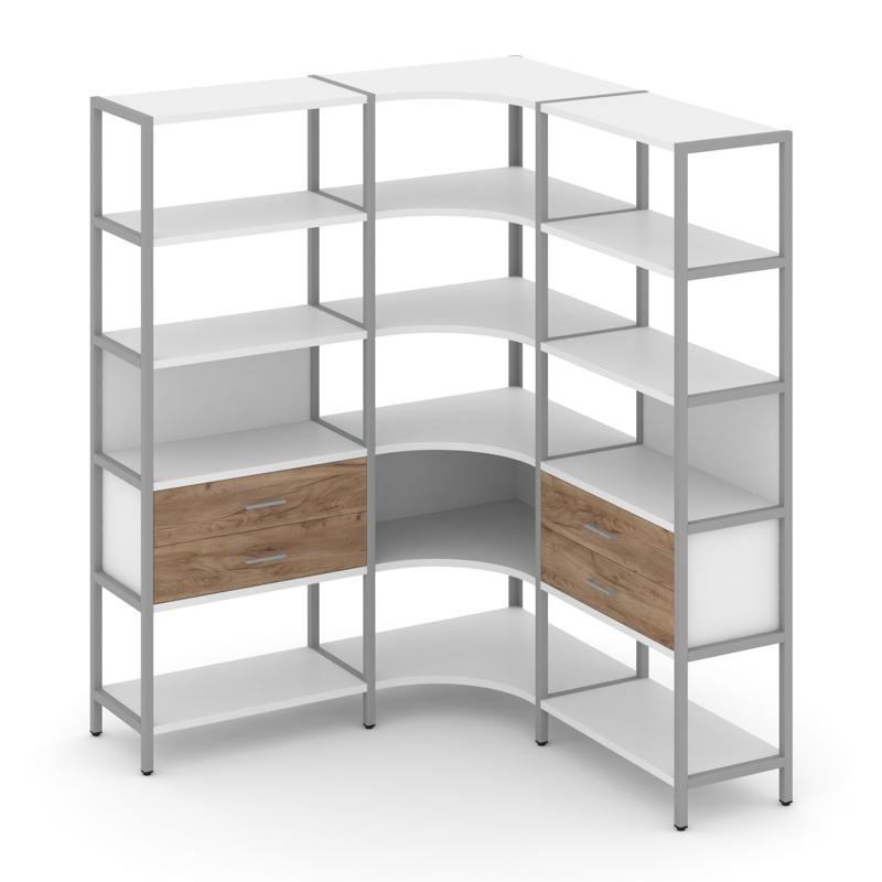 Shelf System Трехсекционный угловой стеллаж пятиярусный с ящиками SN.STMU-531 Белый/Дуб Табак/Металл