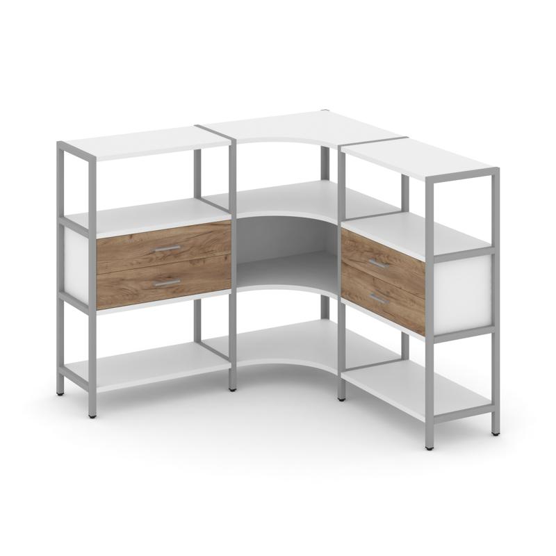 Shelf System Трехсекционный угловой стеллаж трехярусный с ящиками SN.STMU-331 Белый/Дуб Табак/Металл