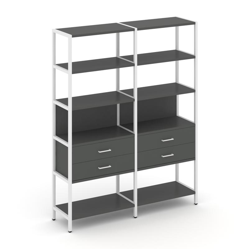 Shelf System Двухсекционный стеллаж пятиярусный с ящиками SN.STM-522 Антрацит/Металл Белый 1590*400*