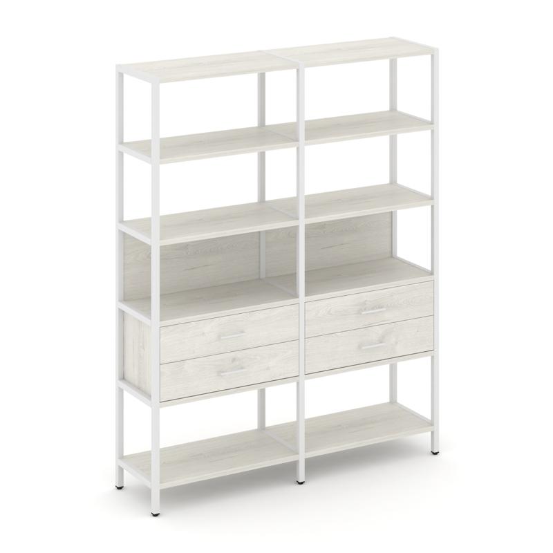 Shelf System Двухсекционный стеллаж пятиярусный с ящиками SN.STM-522 Дуб Наварра/Металл Белый 1590*4