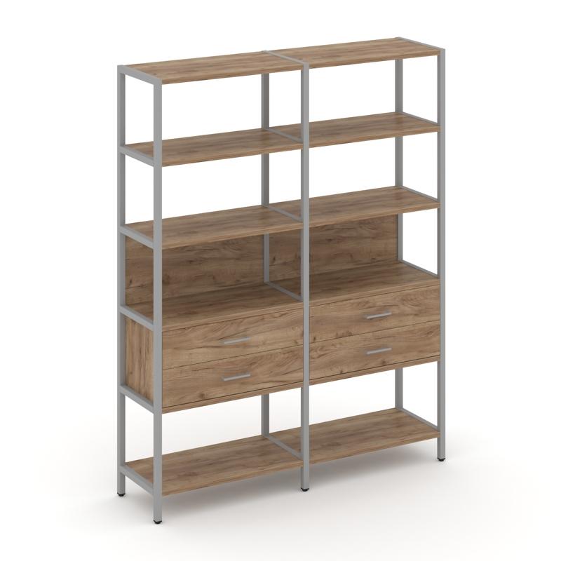 Shelf System Двухсекционный стеллаж пятиярусный с ящиками SN.STM-522 Дуб Табак/Металл Серый 1590*400