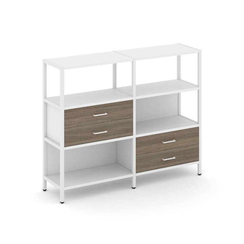 Shelf System Двухсекционный стеллаж трехярусный с ящиками SN.STM-323 Белый/Вяз Благородный/Металл Бе