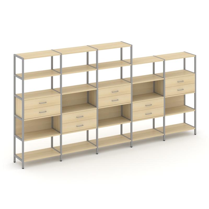 Shelf System Пятисекционный стеллаж пятиярусный с ящиками SN.STM-551 Акация Лорка/Металл Серый 3930*