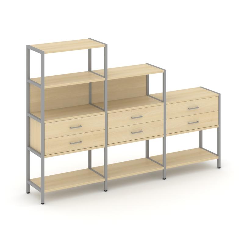 Shelf System Трехсекционный стеллаж четырех/трех/двухярусный с ящиками SN.STM-431 Акация Лорка/Метал