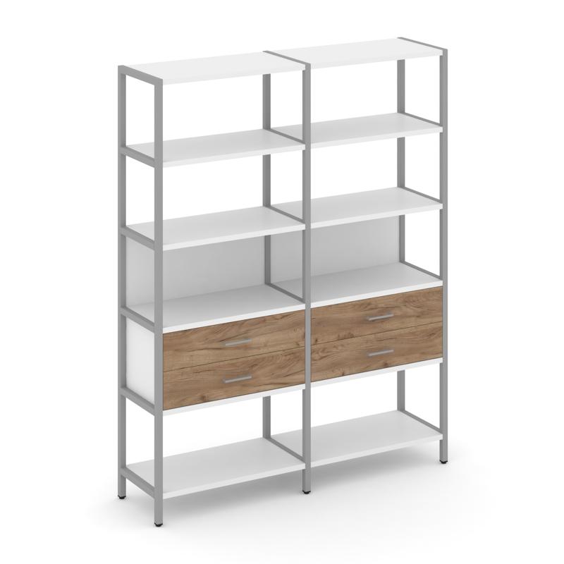 Shelf System Двухсекционный стеллаж пятиярусный с ящиками SN.STM-522 Белый/Дуб Табак/Металл Серый 15