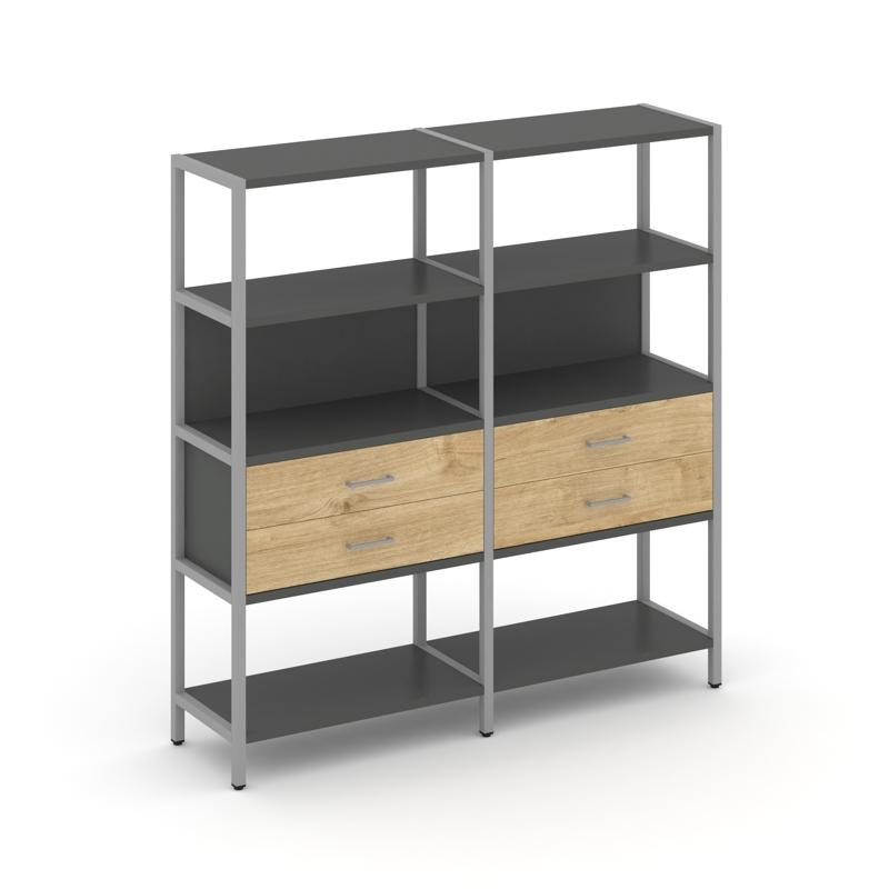 Shelf System Двухсекционный стеллаж четырехярусный с ящиками SN.STM-422 Антрацит/Тиквуд Светлый/Мета