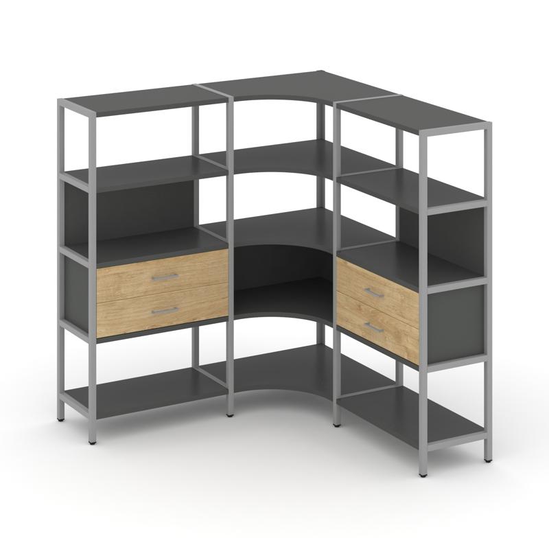 Shelf System Трехсекционный угловой стеллаж четырехярусный с ящиками SN.STMU-431 Антрацит/Тиквуд Све