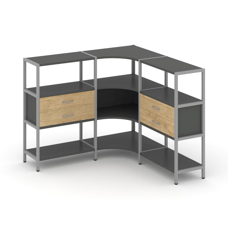 Shelf System Трехсекционный угловой стеллаж трехярусный с ящиками SN.STMU-331 Антрацит/Тиквуд Светлы