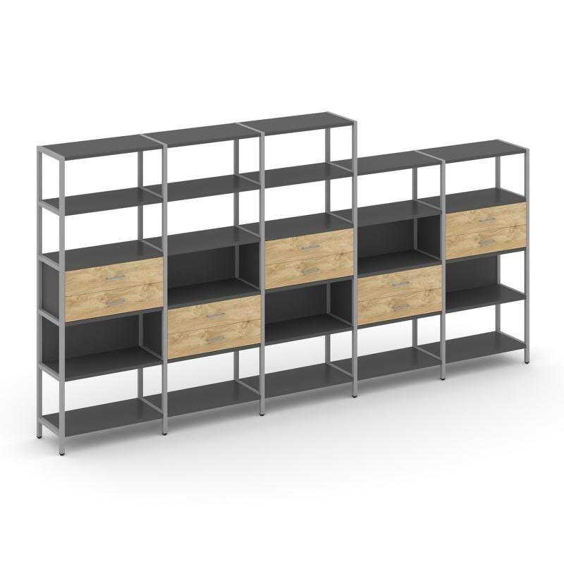 Shelf System Пятисекционный стеллаж пятиярусный с ящиками SN.STM-551 Антрацит/Тиквуд Светлый/Металл