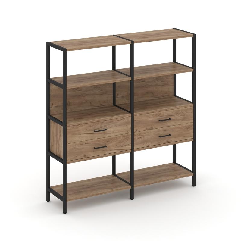 Shelf System Двухсекционный стеллаж четырехярусный с ящиками SN.STM-422 Дуб Табак/Металл Черный 1590