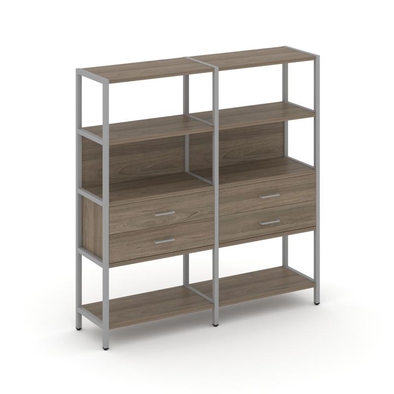 Shelf System Двухсекционный стеллаж четырехярусный с ящиками SN.STM-422 Вяз Благородный/Металл Серый