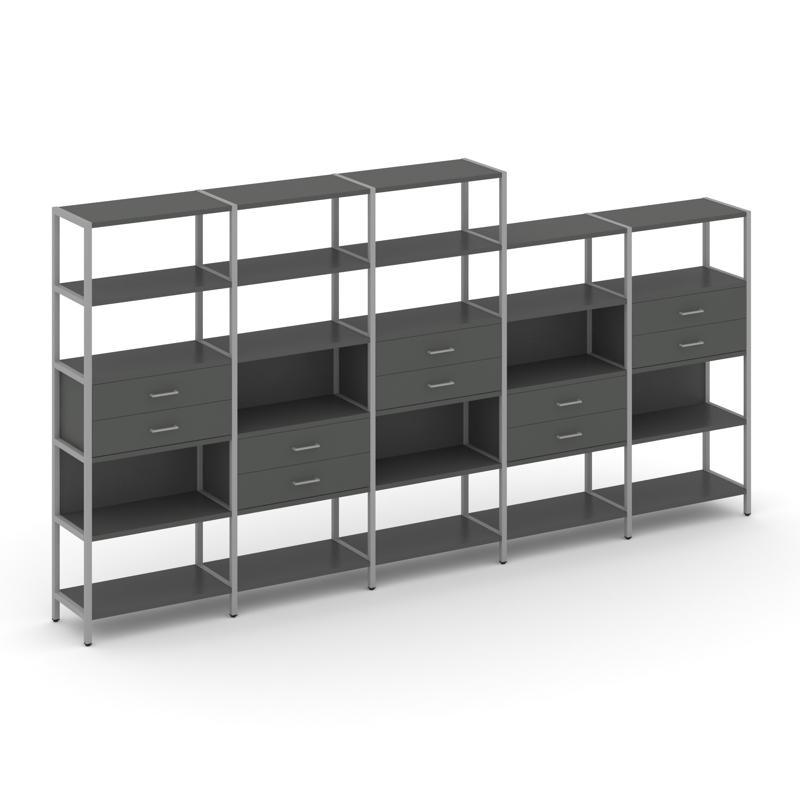 Shelf System Пятисекционный стеллаж пятиярусный с ящиками SN.STM-551 Антрацит/Металл Серый 3930*400*