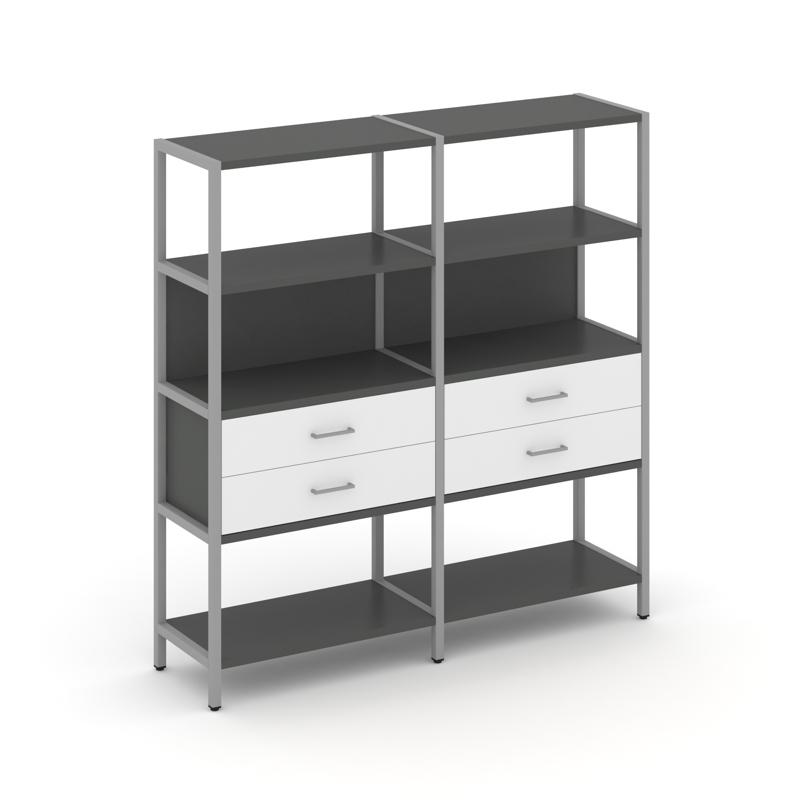 Shelf System Двухсекционный стеллаж четырехярусный с ящиками SN.STM-422 Антрацит/Белый/Металл Серый