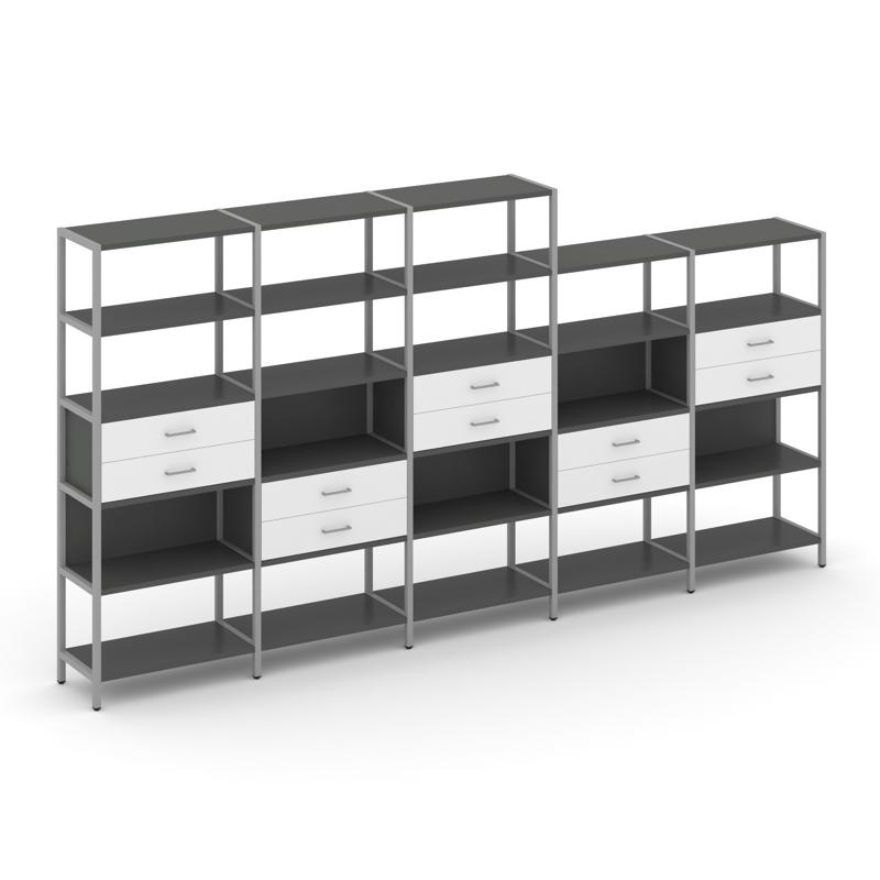 Shelf System Пятисекционный стеллаж пятиярусный с ящиками SN.STM-551 Антрацит/Белый/Металл Серый 393