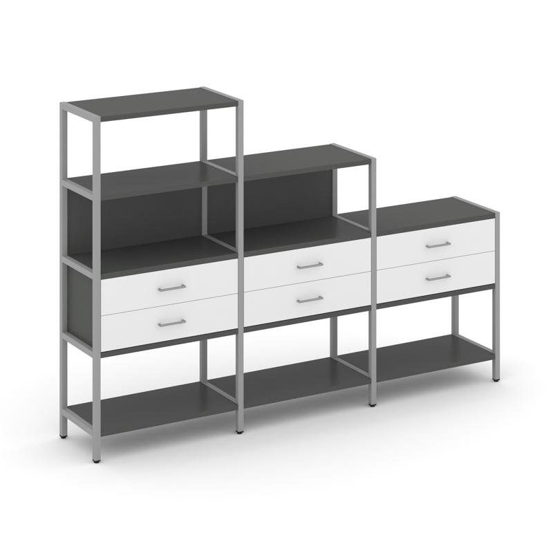 Shelf System Трехсекционный стеллаж четырех/трех/двухярусный с ящиками SN.STM-431 Антрацит/Белый/Мет